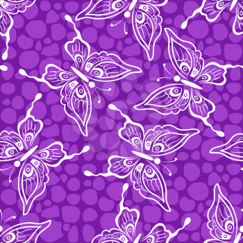 Seamless Background, Butterflies White Silhouettes on Violet Tile Pattern. Vector