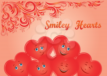 Valentine Holiday Background, Red Cartoon Smiley Faces Hearts and Floral Contour Ornament. Vector
