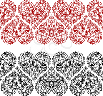 Seamless Background, Valentine Holiday Hearts with Floral Pattern, Black and Red Isolated Contours. Vector