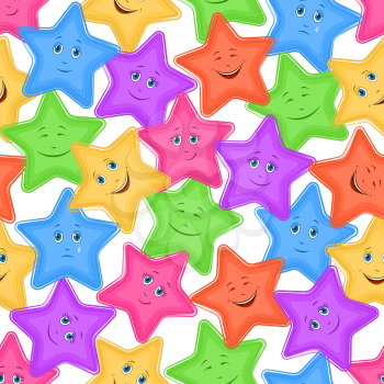 Seamless Pattern for Childish and Holiday Design, Colorful Cartoon Stars Smiley with Different Emotions on White Background. Vector
