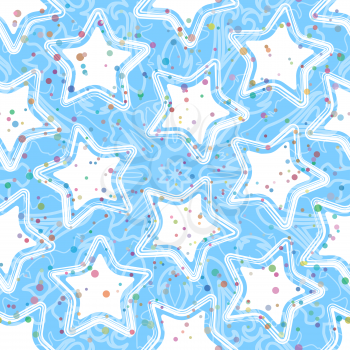 Seamless Pattern for Christmas Holiday Design, White Stars and Colorful Rounds on Abstract Blue Background. Eps10, Contains Transparencies. Vector