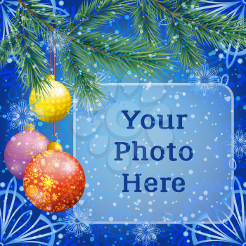 Background for Christmas Holiday Design, Green Fir Coniferous Branches, Colorful Glass Balls with Floral Pattern, Frame and Snowflakes on Blue. Eps10, Contains Transparencies. Vector