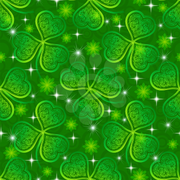 Seamless Floral Tile Pattern, Green Symbolic Clover Plants, Flowers and Stars. Eps10, Contains Transparencies. Vector