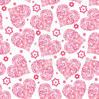 Seamless Background, Valentine Holiday Hearts with Floral Pattern of Pink Symbolical Flowers and Plants. Vector