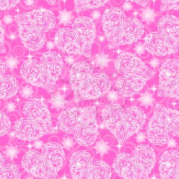 Seamless Pink Background, Valentine Holiday Hearts with Tile Pattern of White Symbolical Flowers, Plants, Stars and Rings. Eps10, Contains Transparencies. Vector