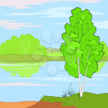 Summer Landscape, Trees, River, Flower and Blue Sky with White Clouds, Low Poly. Vector