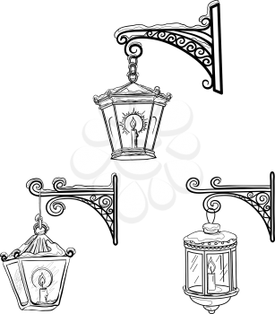 Set vintage street luminescent lanterns covered with snow, hanging on a decorative brackets. Contours. Vector