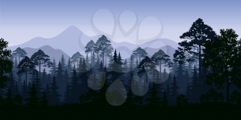 Seamless Horizontal Night Forest Landscape, Trees and Mountains Silhouettes. Vector