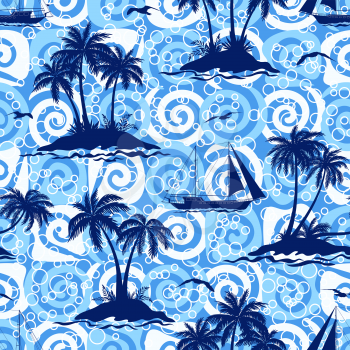 Exotic Seamless Pattern, Tropical Ocean Landscape, Islands with Palms Trees, Ships Sailing and Birds Seagulls Silhouettes on Abstract Tile Background with Spirals and Rings. Eps10 Vector