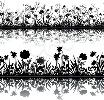 Horizontal Seamless Pattern, Summer and Spring Landscape, Flowers and Grass Silhouettes and Reflection in Water or Shadow, Isolated on White Background. Vector