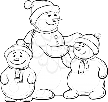 Cartoon, monochrome contours, snowmens mother and children. Vector
