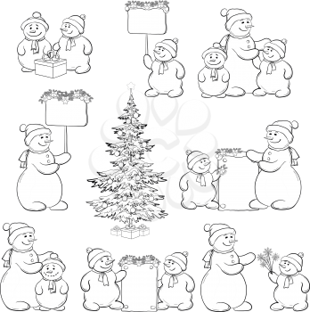 Christmas tree and set cartoon snowman with gifts and a banners for your text, black contour on white background. Vector