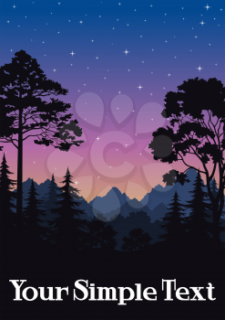 Night Landscape, Mountains and Forest, Fir, Pine, Maple Black Silhouettes and Sky with Stars. Vector