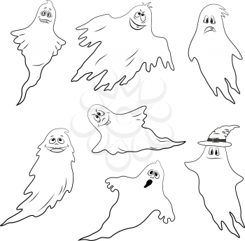 Set for Holiday Halloween Design, Flying Ghosts, Cartoon Character with Different Emotions, Black Contours Isolated on White Background. Vector