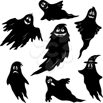 Set for Holiday Halloween Design, Flying Ghosts, Cartoon Character with Different Emotions, Black Silhouettes Isolated on White Background. Vector