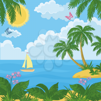 Landscape: tropical sea island with palm trees and flowers, ship, sky with sun and clouds. Vector