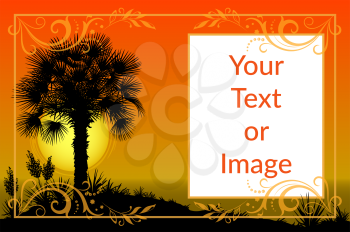 Exotic Landscape, Tropical Palms Trees and Yucca Flowers Silhouettes, Sun and Gold Frame with Floral Pattern. Eps10, Contains Transparencies. Vector