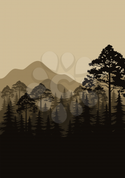 Night Landscape, Mountains and Forest, Fir and Pine Trees, Brown and Black Silhouettes. Vector
