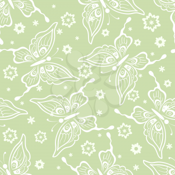 Seamless Background, Butterflies White Contours and Flowers,Tile Pattern. Vector