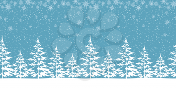 Christmas Holiday Seamless Horizontal Background, Winter Woodland Landscape with Spruce Fir Trees Pictograms and White Snowflakes. Vector