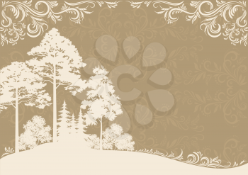 Forest Landscape, Coniferous and Deciduous Trees Silhouettes on Brown Background with Abstract Vintage Floral Pattern. Vector