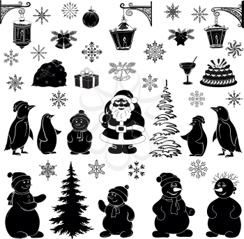Christmas cartoon, set black silhouettes on white background, Santa Claus, penguins, snowmans and various objects symbols of the holiday. Vector