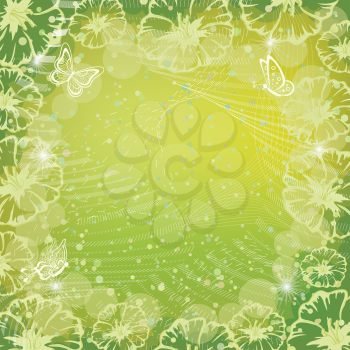 Abstract green floral background flowers, butterflies, circles and stars. Vector eps10, contains transparencies