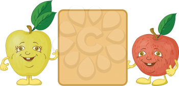 Cartoon, fruits, two character apples shows at the poster. Vector illustration