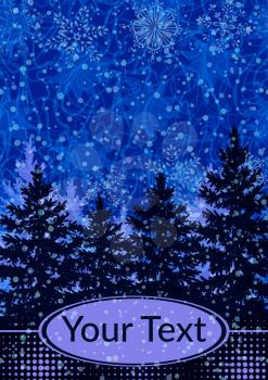 Christmas Holiday Landscape, Winter Forest, Spruce Fir Trees and Snowflake Silhouettes and Place for Your Text on Abstract Blue Background. Vector