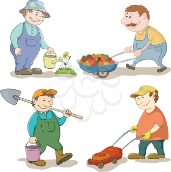 Cartoon gardeners work: watering a flower, carries trolley with vegetables, with a bucket and spade, with a lawn mower. Vector illustration