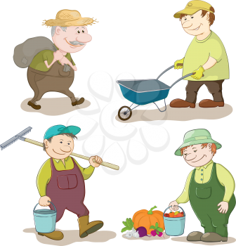 Cartoon Gardeners Work, Carries a Sack, Carries Empty Trolley, Carries a Bucket and a Rake, with the Harvest of Vegetables. Vector