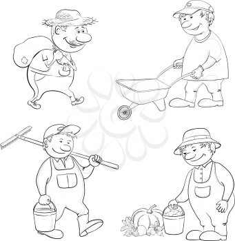 Cartoon gardeners work, carries a sack, carries empty trolley, carries a bucket and a rake, with the harvest of vegetables. Black contour on white background. Vector