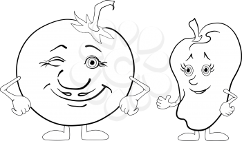 Cartoon Vegetable Friends, Characters Tomato and Pepper, Black Contour on White Background. Vector