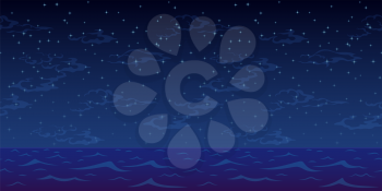 Horizontal Seamless Landscape, Night Blue Sea and Sky with Stars and Clouds. Vector
