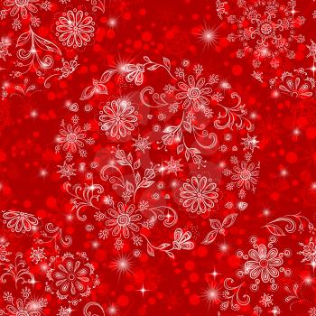 Christmas Seamless Red Tile Background for Holiday Design with Stars and Transparent Balls of White Outline Snowflakes and Floral Patterns. Eps10, Contains Transparencies. Vector
