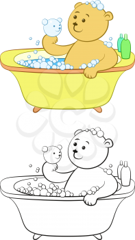 Cartoon Teddy Bear Washes in the Bath, Soap Bubbles, Shampoo, Hold in Hand a Bubble in the Form of a Bear Head. Color Version and Black Contours Isolated on White Background. Vector