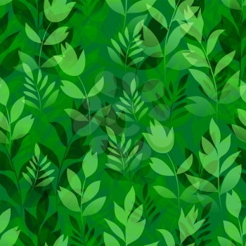 Seamless Pattern, Landscape, Summer or Spring Meadow, Green Grass, Leaves and Flowers Silhouettes, Tile Natural Floral Background. Vector