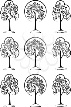Landscapes, Symbolic Trees Outline Black Pictograms Isolated on White Background. Vector