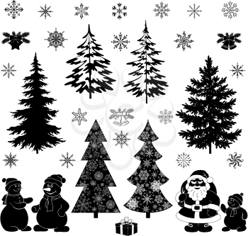 Christmas cartoon, set black silhouettes on white background, Santa Claus, fir trees, snowflakes, snowman and various holiday objects and symbols. Vector