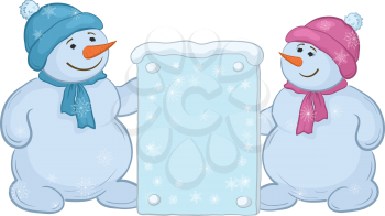 Christmas cartoon, Snowman boys with a banner for your text. Vector