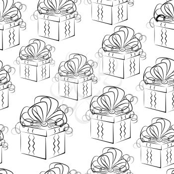 Seamless Pattern, Holiday Gift Boxes with Bows, Black Contours Isolated on Tile White Background. Vector