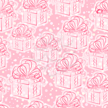 Seamless Pattern, Holiday Wedding or Valentine Gift Boxes with Bows, Red Contours on White and Pink Tile Background. Vector