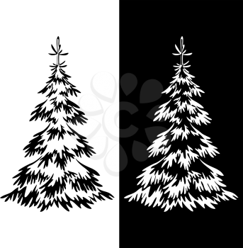 Christmas Fir Trees, Symbolical Pictograms Isolated on White and Black Backgrounds. Vector