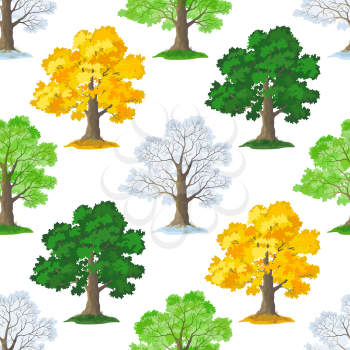 Seamless Pattern, Oak Tree, Seasons Summer, Autumn, Winter and Spring, Isolated on Tile White Background. Vector