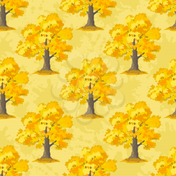 Seamless Pattern, Oak Tree, Season Autumn, on Tile Yellow Background. Vector