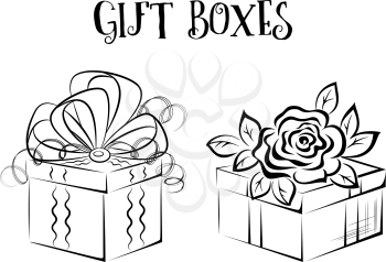 Holiday Gift Boxes with Bow and rose Flower, Black Contours Isolated on White Background. Vector