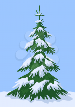  Winter Landscape, Green Fir Tree with White Snow Against the Blue Sky. Vector
