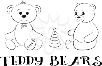 Cartoon Teddy Bears with Childrens Toys, Ball and Pyramid, Black Contours Isolated on White Background. Vector