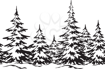 Christmas Holiday Seamless Horizontal Background, Winter Landscape, Fir Trees with Snow, Black Silhouettes Isolated on White Background. Vector