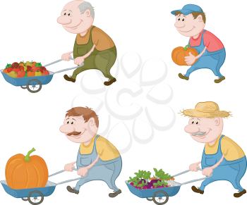 Set cartoon character farmers with a crop of vegetables and pumpkins. Vector